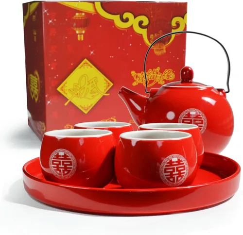 Juego de regalo de té de porcelana china, tetera de servicio con 4 tazas y bandeja, elegante juego de ceremonia de té para adultos, decoración del