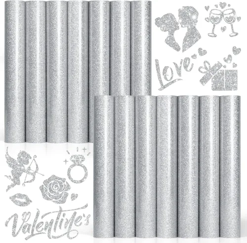 Vinilo de transferencia de calor con purpurina plateada HTV, paquete de 14 vinilos termoadhesivos de 12 x 10 pulgadas para Cricut, decoraciones de