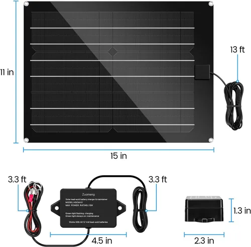Miniatura 5 de Cargador de Batería Solar y Mantenedor, Kit de Panel Solar Zuomeng de 15W para Remolque de Volcado con Pulso de Mantenimiento Integrado