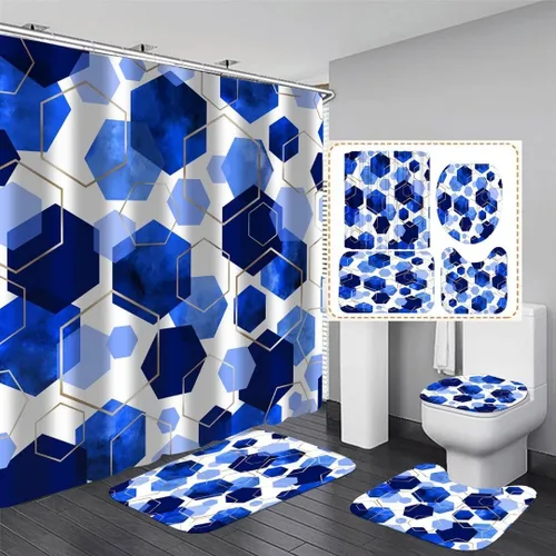 Miniatura 2 de LQCOOL Juego de cortinas de baño azules, 4 piezas de cortina de ducha geométrica de arte moderno con 12 ganchos, impermeable, opaca, 70.8 pies