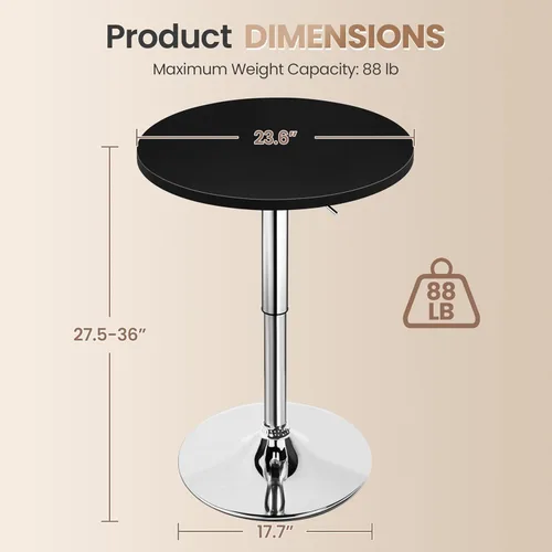 Miniatura 3 de Yaheetech Mesa de bar redonda, altura ajustable y mesas giratorias de 360°, mesa de cóctel con parte superior de MDF, base de patas plateada