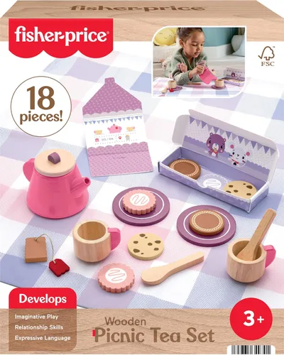 Miniatura 6 de Fisher-Price Juego de té de pícnic, 18 piezas con manta, platillos de madera y comida para niños preescolares a partir de 3 años