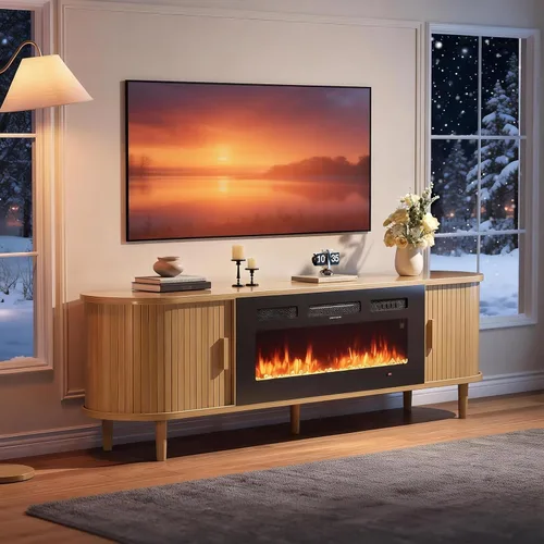 Miniatura 7 de MXV Soporte de TV con chimenea estriada de 70 ″, soporte de TV moderno de mediados de siglo con chimenea de 36 pulgadas para televisores de hasta 80