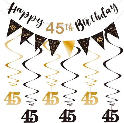 BRT Bearingshui Kit de decoración de cumpleaños número 45 para hombres y mujeres, pancarta de feliz cumpleaños 45, serpentinas de remolinos,
