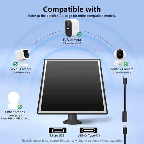Miniatura 2 de Panel solar de 8 W para cámara de seguridad al aire libre, micro USB de 5 V y cargador de panel solar USB - C, se adapta a Eufy/Wyze/Reolink DC 5V