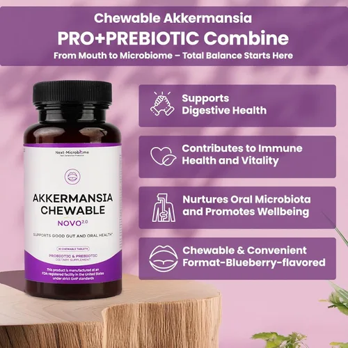 Miniatura 3 de Suplemento probiótico y prebiótico masticable Akkermansia NOVO 2.0 con HMO, apoya el microbioma intestinal y oral, suplementos para la salud