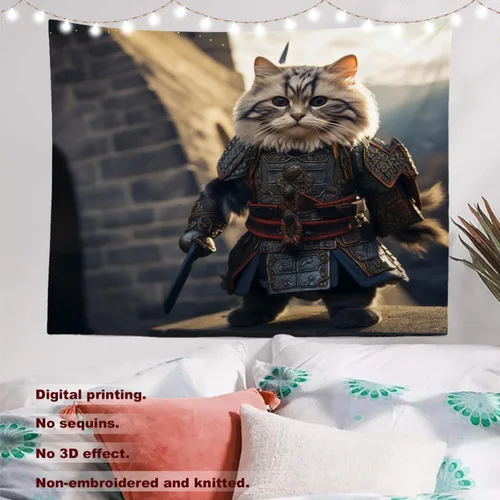 Miniatura 2 de Batmerry Cat In Armor Polyester Tapestry, Cat Armor Sword Warrior Battle Shield Lightweight Wall Hanging High-Definition Print Backdrop For Dorm