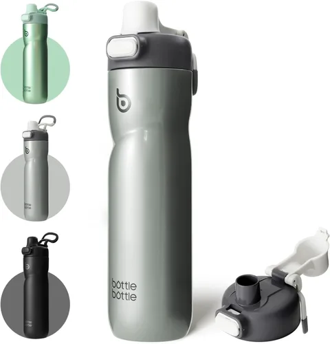 Miniatura 10 de BOTTLE BOTTLE Botella de agua aislada de 24 onzas con asa y tapas abatibles de acero inoxidable Botella de agua con botón de presión, portátil, a