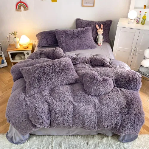 Miniatura 14 de chovy Juego de edredón de pelo sintético teñido anudado negro, gris y blanco, tamaño King, juego de cama de 3 piezas, ultra suave, franela de felpa