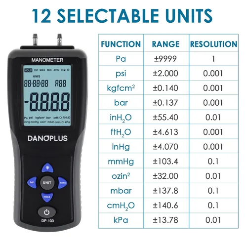 Miniatura 3 de Manómetro digital Manómetro Probador de presión de gas profesional 12 unidades seleccionables Manómetro diferencial Medidor de presión de aire HVAC