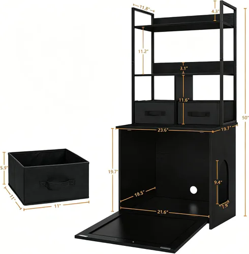 Miniatura 3 de Dwanton Caja de arena con 2 estantes de almacenamiento y 2 cajones, caja de arena oculta 2 en 1 para gatos con estante, entrada reversible, cajones
