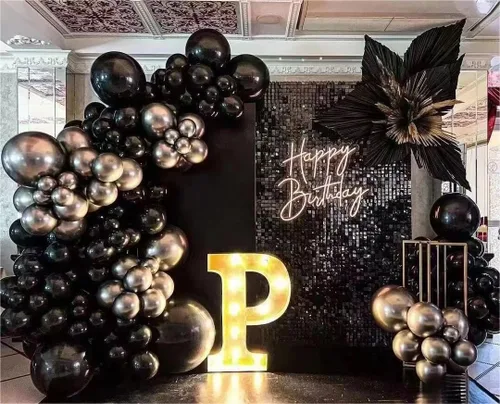Miniatura 4 de Juego de 62 globos de 12 pulgadas, color negro, blanco, plateado, globos de fiesta con confeti plateado metálico blanco y negro con cintas