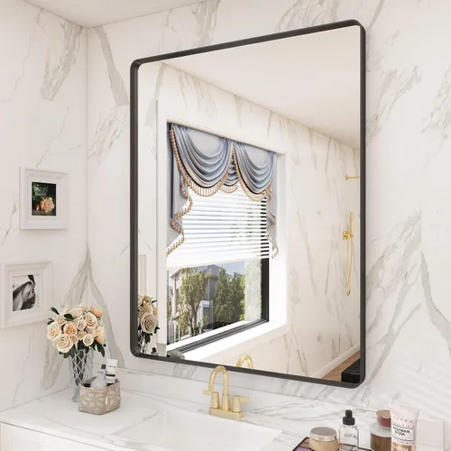 Miniatura 44 de Paquete de 2 espejos de baño con marco de metal negro de 22 x 30 pulgadas, espejo rectangular redondeado negro mate, antioxidante, se cuelga