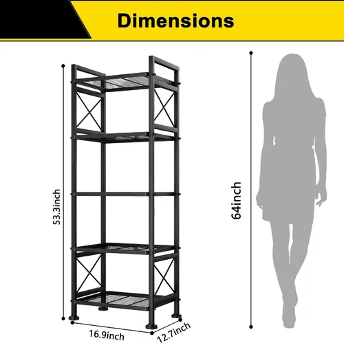 Miniatura 2 de GIOTORENT Estantes de almacenamiento de despensa, estante de almacenamiento de metal de 5 niveles con marco lateral en forma de X, estante de Negro