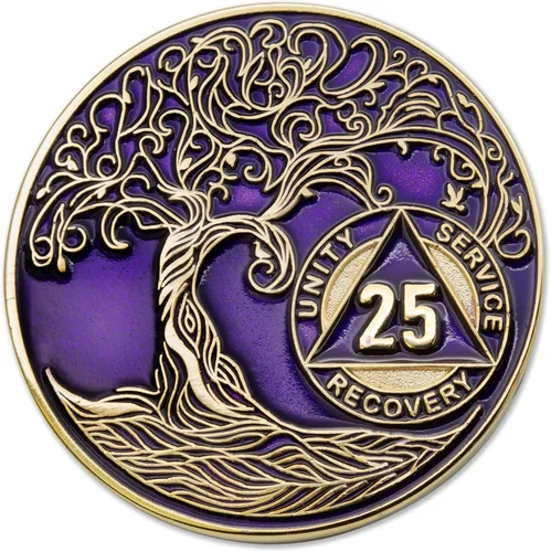 Miniatura 216 de 20 Year Sobriety Mint Twisted Tree of Life - Medallón de recuperación AA chapado en oro, fichas y fichas, color negro