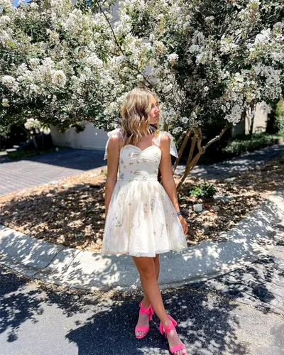 Miniatura 2 de Fivsole Vestido corto con bordado de flores para adolescentes, vestido de tul con tirantes delgados, mini formal, cóctel, fiesta de noche, vestidos