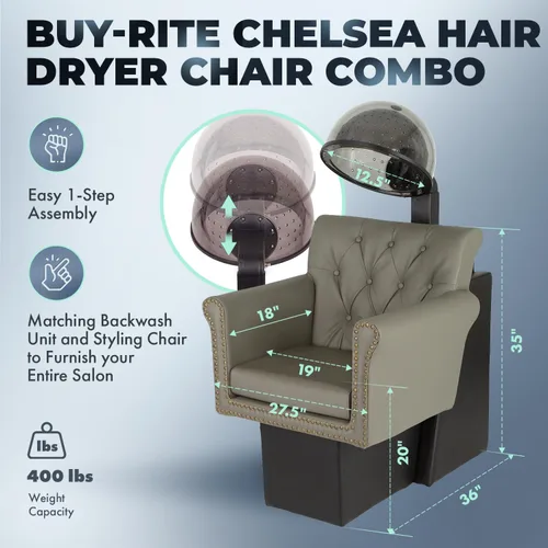 Miniatura 2 de Buy-Rite Chelsea - Combo de silla de salón copetuda gris con secador de campana UL/CSA de 980 W, borde de cabeza de clavo, calor/temporizador