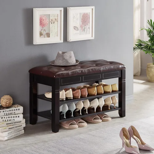 Miniatura 2 de Banco de almacenamiento de zapatos, zapatero de entrada con asiento de cuero de fibra de 2 niveles, organizador superior de madera para entrada
