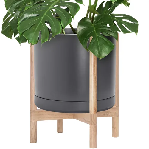Miniatura 12 de D'vine Dev Maceta de cerámica con soporte de ébano – Maceta redonda moderna de 8 pulgadas con soporte para maceta de madera, color negro, 55-B-M-2