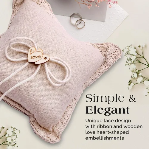 Miniatura 4 de SLS SUPPLY FLORA - Almohada de arpillera para portador de anillos de encaje, soporte clásico para anillos de boda, elegante almohada rústica