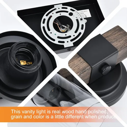 Miniatura 3 de Lámpara de Baño Estilo Granja de Madera Negra, Iluminación de Tocador de 2 Luces, Aplique de Pared de Madera, Accesorio de Pared Industrial Rústico