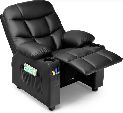 Miniatura 12 de GLACER Silla reclinable para niños con portavasos y bolsillos laterales, reclinable para niños con respaldo cómodo, reposabrazos y reposapiés, Marrón