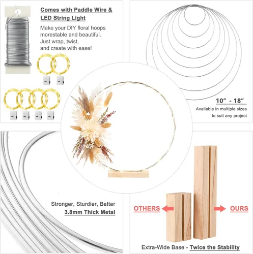 Miniatura 3 de Paquete de 12 aros florales con soporte y luces LED de hadas de 14 pulgadas, anillos de metal para centro de mesa DIY, decoraciones para Plata