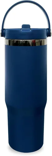Miniatura 64 de Vaso de 30 onzas con asa superior, vaso aislado al vacío de doble pared con popote abatible, taza de café de viaje de 30 onzas con recubrimiento