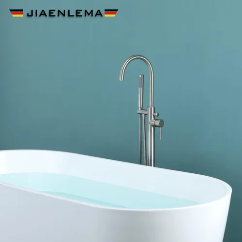 Miniatura 7 de Grifo de bañera independiente de níquel cepillado con pulverizador, grifo de bañera de montaje en piso de alto flujo de latón, mango único