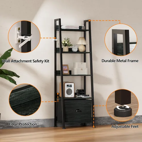 Miniatura 6 de Furologee estantería de escalera de 5 niveles, estantería estrecha con cajón, estantería industrial de 55.6" de alto, organizador de almacenamiento