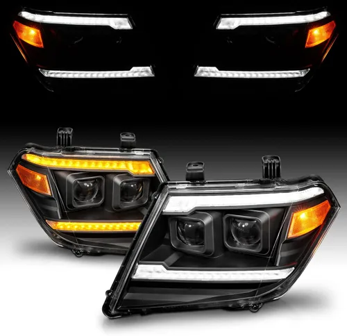 Miniatura 7 de AmeriLite para camioneta pickup Nissan Frontier 2009-2020 Juego de faros delanteros de proyector negro con tubo LED DRL y señal secuencial