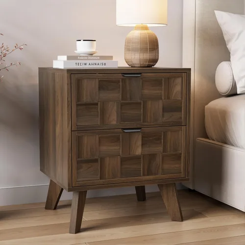 Smuxee Mesita de noche de madera de nogal con 2 cajones, mesita de noche de mediados de siglo con puertas de tablero de ajedrez en relieve, mesita