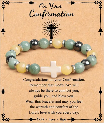 Miniatura 9 de JoycuFF Regalos Cristianos, Pulseras de Cruz para Mujeres, Joyería Cristiana Católica Religiosa de Fe de Pascua, Pulseras de Piedra Natural