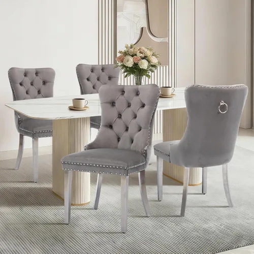 Miniatura 34 de Juego de 2 sillas de comedor de terciopelo tapizadas con ribete de cabeza de clavo y patas doradas chapadas en acero inoxidable para cocina