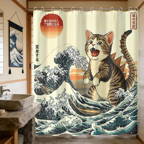 Miniatura 14 de Juego de cortinas de ducha relajadas con diseño de ondas de arte japonés impermeable, cortina de ducha para baño, divertida escena de vacaciones