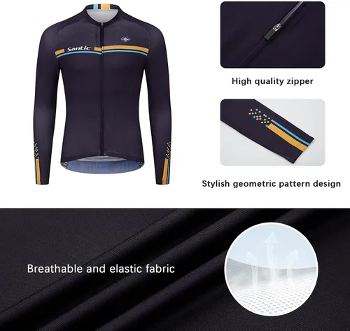 Miniatura 17 de Santic - Camiseta de ciclismo para hombre, manga larga, reflejante, cremallera completa, con bolsillos