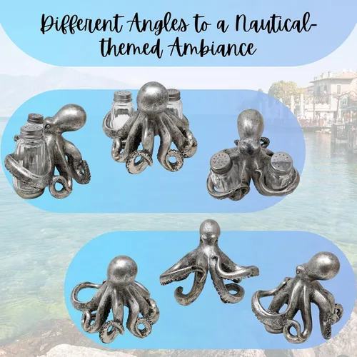 Miniatura 4 de BestGiftEver Juego de salero y pimentero náutico con soporte de pulpo plateado, decoración temática de playa, para entusiastas de la decoración