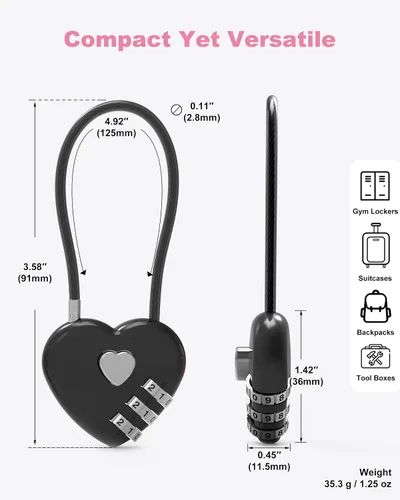 Miniatura 3 de Cerradura de combinación de 3 dígitos, cerradura de cable combinada con código, candado pequeño de combinación, para equipaje, maleta, casillero