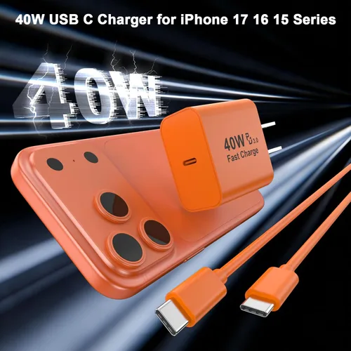 Miniatura 2 de [Certificado MFi de Apple] Cargador para iPhone 17 Pro Max de carga rápida, PD 40 W USB C bloque de carga con cable de carga tipo C de 10 pies