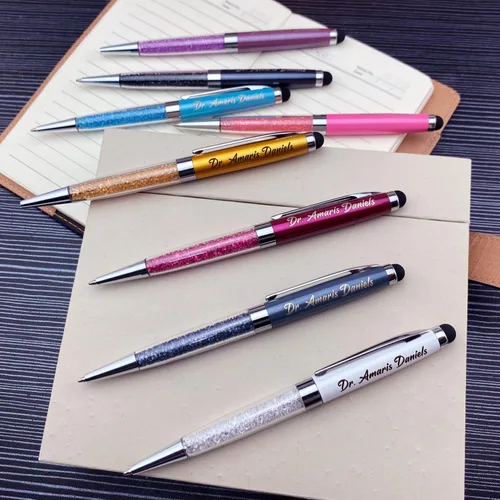 Miniatura 5 de Ancolo Bolígrafos personalizados, punta de lápiz capacitivo, cristal azul, bolígrafos personales personalizados, juego de escritura escolar, Azul