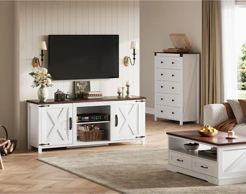 Miniatura 7 de WLIVE Moderno soporte de TV de granja para televisores de hasta 65 pulgadas, centro de entretenimiento con puertas de granero en forma de X, consola