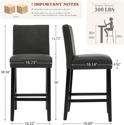 Miniatura 2 de Juego de 3 taburetes de bar de piel sintética de 26 pulgadas, modernas sillas de bar tapizadas de altura de barra, taburetes de bar con patas
