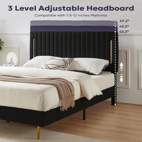 Miniatura 3 de Furnify Armazón de Cama de Plataforma Twin, Marco de Cama Tapizado en Terciopelo con Cabecera Ajustable de Canal Vertical, Ribete de Enchapado