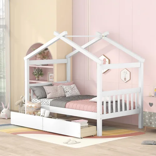 Miniatura 17 de Cama individual de casa con nido para niños, cama individual de madera con techo, marco de cama de plataforma de tamaño individual, cama con dosel