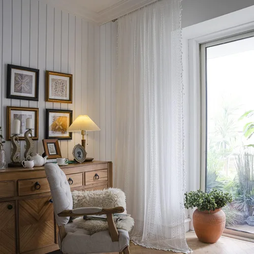 Miniatura 23 de Deeprove Cortinas bohemias para dormitorio, rayas huecas de ganchillo crema y estampado floral, tela de lino de algodón, con borlas beige bohemias