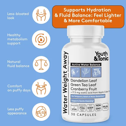 Miniatura 2 de Youth & Tonic Pastillas de agua para retención de líquidos, diurético natural para aliviar la hinchazón y el equilibrio de líquidos, soporte