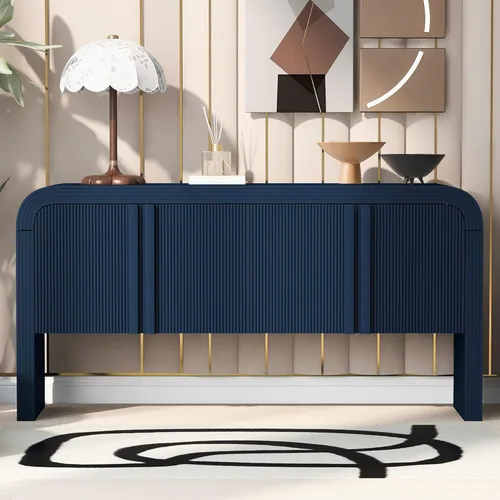 Miniatura 2 de Virubi Armario de buffet acanalado de 63 pulgadas con almacenamiento, puertas y estantes ajustables, mesa consola curva de madera con Azul marino