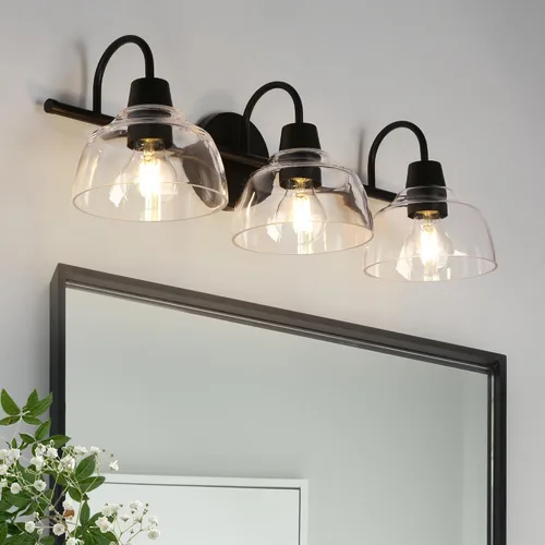 KSANA Lámpara de baño negra, lámpara de tocador de 3 luces con pantalla de cristal transparente de gran apertura, moderna lámpara de pared de granja