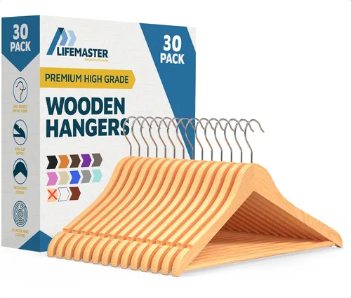Miniatura 8 de Lifemaster Juego de perchas de madera - 50 piezas, antideslizantes, versátiles, ahorradoras de espacio para traje, abrigo, camisola, chaqueta