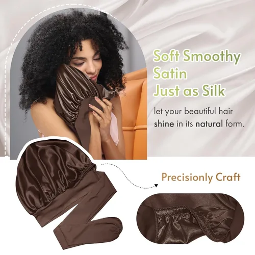 Miniatura 5 de BONNET QUEEN Gorro de seda para dormir, gorro de satén con lazo para el cabello, doble capa, para mujeres, cabello rizado, color marrón